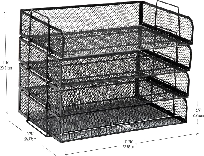 Mind Reader Stackable Paper Tray, Desktop Organizer, File Storage, Office, Metal Mesh, 4 Pcs., Black (Pack of 4)
