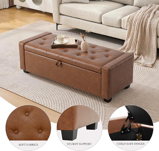 Huatean Home 48" Ottoman with Storage, Brown Storage Ottoman Bench | Upholstered Entryway Bench with Seating for Bedroom, Living Room with Safety Hinge, Holds up to 330 lb