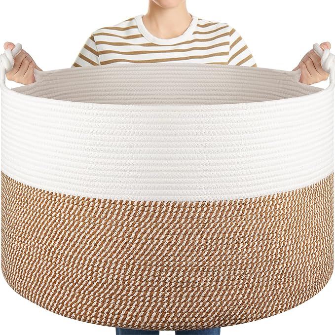 OIASKET XXL Large Blanket Storage Basket for Living Room, 105L Woven Cotton Rope Basket with Handles, Baby Toy Storage, Laundry Hamper for Clothes, Pillows, Towels-Yellow and White