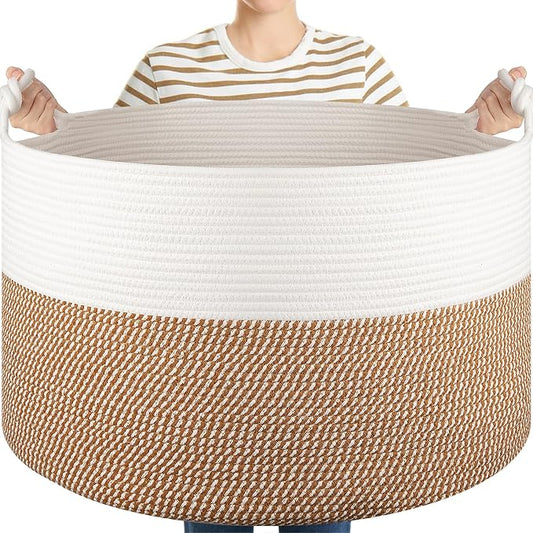 OIASKET XXL Large Blanket Storage Basket for Living Room, 105L Woven Cotton Rope Basket with Handles, Baby Toy Storage, Laundry Hamper for Clothes, Pillows, Towels-Yellow and White