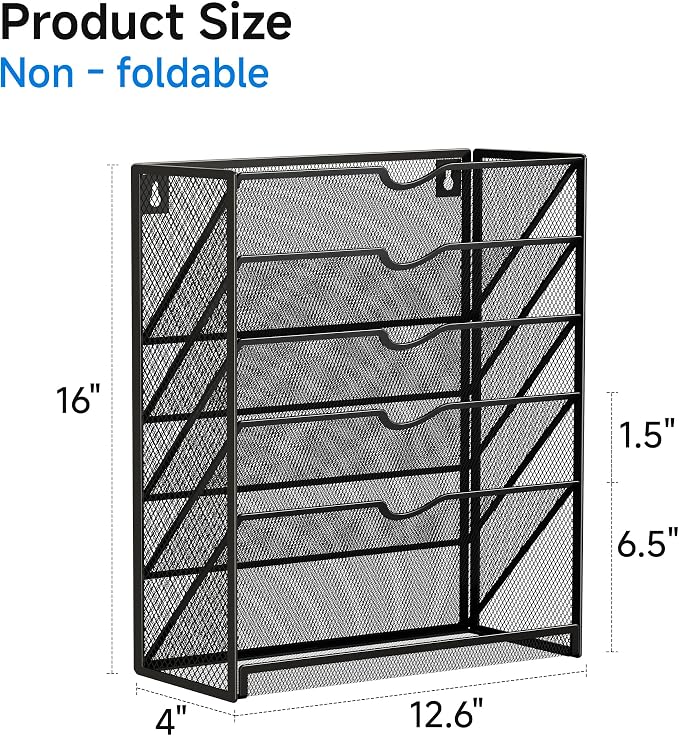 Lavatino 6-Tier Mesh Hanging Wall File Organizer with Hooks – No Installation Needed, Paper Mail Organizer Wall-Mounted File & Magazine folder Holder for Office and Home (Black)