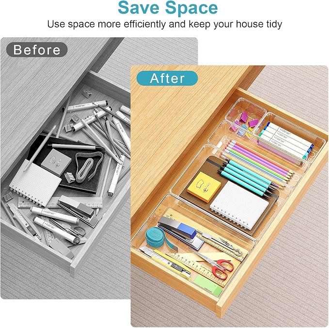 Manalete Drawer Organizers Set of 65, 4 Sizes Clear Plastic Drawer Organizers and Storage Bins for Kitchen, Bathroom, Office, Dresser Desk Drawer Organizer Tray for Jewelry, Makeup, Junk, Gadgets