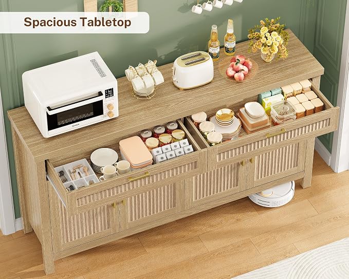 usikey 63" Buffet Cabinet with Storage, 2 Adjustable Shelves and 2 Drawers | Large Sideboard Cabinet, Modern Fluted Coffee Bar for Kitchen, Living Room, Natural