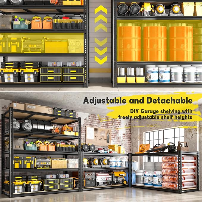 48" W Garage Shelving Heavy Duty 3080LBS Garage Storage Shelving, 5 Tier Adjustable Metal Shelving Unit Utility Rack Shelf for Warehouse, Pantry, Closet, Kitchen 72" H x 48" W x 24" D, Black,2PCS
