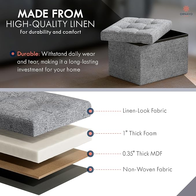 Ornavo Home Small Rectangle Storage Ottoman, Foldable Linen, 12x16x12, Gray | Collapsible Cube Design; Foot Rest Stool Seat; Ideal for Living Room, Bedroom, Home Office or Dorm