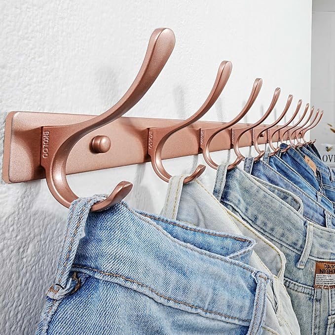 SKOLOO Coat Rack Wall Mounted - 10 Hooks, Heavy Duty, Stainless Steel, Metal Wall Hanger, Sturdy Coat Hooks for Hanging Coats, Jacket, Clothes, Hat, Matte Rose Gold