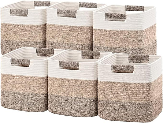 11 Inch Storage Cubes, 6 Pack Cube Storage Bins for Organizing, Cotton Rope Woven Baskets for Shelves, Bathroom, Kids Room, Closets, Baby Nursery