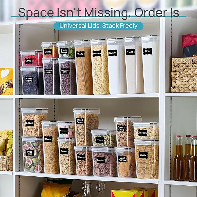 Airtight Food Storage Containers with Lids, Vtopmart 24 pcs Plastic Kitchen and Pantry Organization Canisters for Cereal, Dry Food, Flour and Sugar, BPA Free, Includes 24 Labels，Black | For Cereal Pasta Snack Flour Sugar, BPA Free, Airtight Seal, Multi...