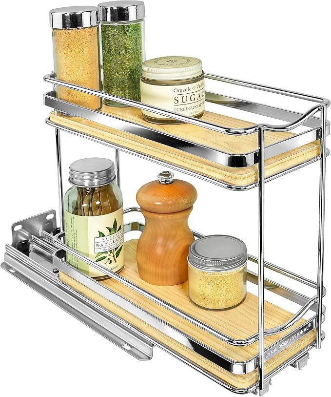 LYNK PROFESSIONAL® Élite™ Pull Out Spice Organization for Cabinets - 4-3/8 inch Wide – Spice Rack for Inside Cabinets – Wood/Chrome - Sliding Spice Rack Organizer for cabinet – Spice Rack - 2 Tier