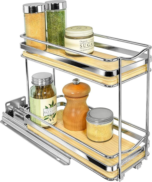 LYNK PROFESSIONAL® Élite™ Pull Out Spice Organization for Cabinets - 4-3/8 inch Wide – Spice Rack for Inside Cabinets – Wood/Chrome - Sliding Spice Rack Organizer for cabinet – Spice Rack - 2 Tier