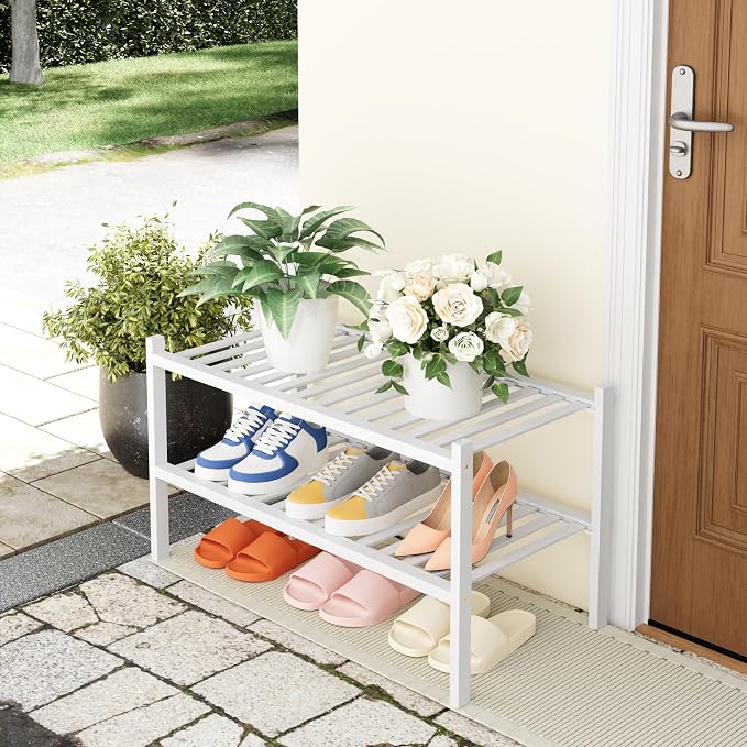 Smiry Bamboo Shoe Rack, 14 Vertical Slats, 2 Tier - 26.8" Wide, White | Stackable Free Standing Wooden Shoe Organizer, Wood Shoe Storage Shelf for Closet, Entryway, Thicher Leg