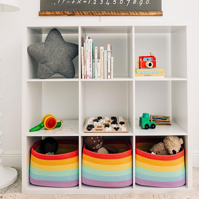 OrganiHaus Rainbow Baskets for Shelves, Set of 3, 15x9x10 | Colorful, handwoven cotton rope; a toy bin for playroom, classroom, or girls' room decor; great for nursery too