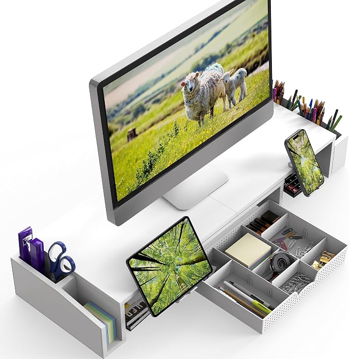 Simple Houseware Desk Dual Monitor Stand Riser with Drawer, White | Customizable Organizer Tray, Built-In Phone & Tablet Slot and Side Storage