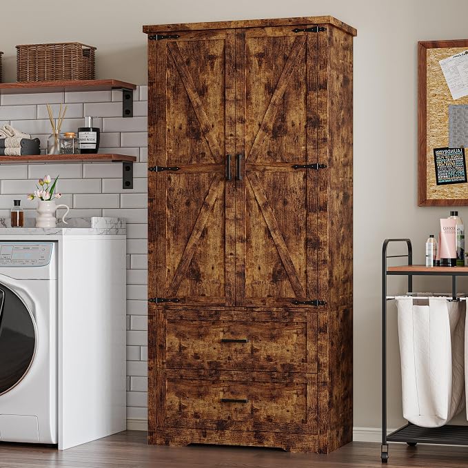 BORNOON Pantry Organizers and Storage Cabinet, 71” Barn Door White Kitchen Cabinet with Drawers and Adjustable Shelf, Tall Pantry for Kitchen, Dining Room, Living Room. Bathroom and Office