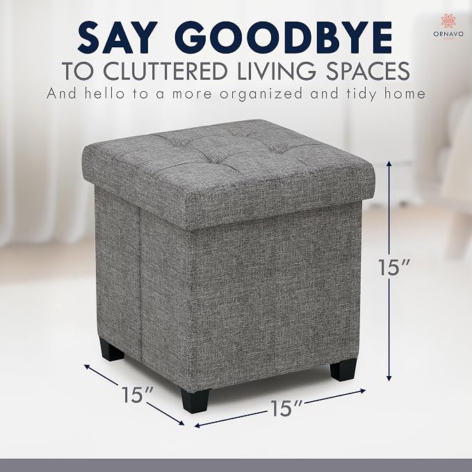 Ornavo Home Square Cube Storage Ottoman with Legs, 15x15x15, Dark Gray | Foot Rest Stool Seat; Holds Up to 600 lbs; Ideal for Living Room, Bedroom, Home Office or Dorm