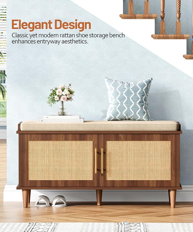 Akxomel 39.4" Rattan Shoe Storage Bench 2 Doors Entryway Bench Walnut | 2 Tier Shoe Bench with Padded Cushion, Adjustable Shelves and 2 Doors, Solid Wood Legs, for Hallway, Living Room, Bedroom
