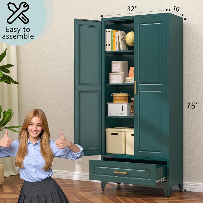 IMELESS Pieces 75" Tall Metal Storage Cabinet with Drawers & Doors,Green | Freestanding Steel Kitchen Pantry Cabinet, 3 Adjustable Shelves (180 Lbs Load), Tall Cabinets for Home, Office and Garage