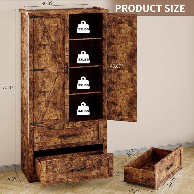 BORNOON Pantry Organizers and Storage Cabinet, 71” Barn Door White Kitchen Cabinet with Drawers and Adjustable Shelf, Tall Pantry for Kitchen, Dining Room, Living Room. Bathroom and Office