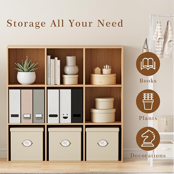 VDNEND Wooden Storage Organizer with Closed Back Panel, 11in Cube Shelf Opening, Bookshelf, Display Shelf,Closet Cabinet for Home and Office (Natural Oak, 9-Cube 35.98L*9.45W*35.91H)