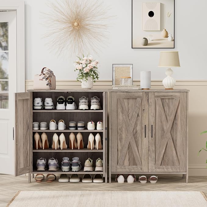 Homleke Farmhouse Shoe Cabinet with 2 Barn Doors & Wood Legs | Tall 4-Tier Shoe Storage Cabinet, 3 Adjustable Shelves, Shoe Rack Organizer, for Entryway, Hallway, Closet, Greige