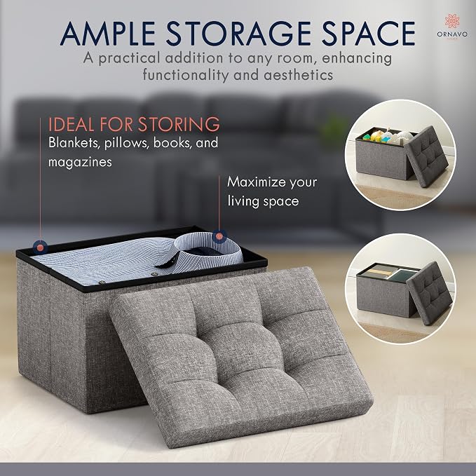 Ornavo Home Small Rectangle Ottoman Set of 2, Linen, 12x16x12, Dark Gray | Storage Collapsible Design; Foot Rest Stool Seat; Ideal for Living Room, Bedroom, Home Office or Dorm