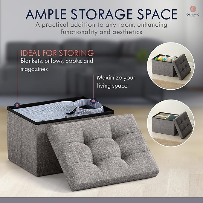 Ornavo Home Small Rectangle Storage Ottoman, Linen, 12x16x12, Dark Gray | Collapsible Cube Design; Foot Rest Stool Seat; Ideal for Living Room, Bedroom, Home Office or Dorm