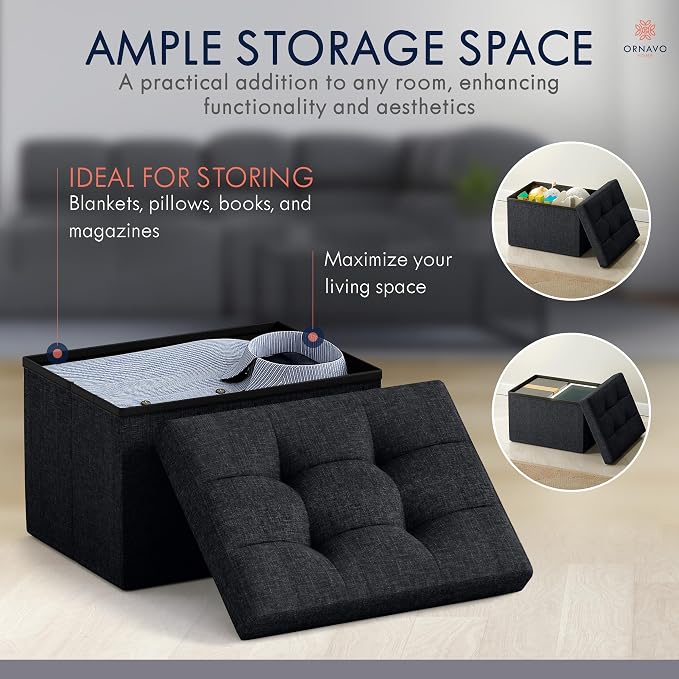 Ornavo Home Small Rectangle Ottoman Set of 2, Linen, 12x16x12, Black | Storage Collapsible Design; Foot Rest Stool Seat; Ideal for Living Room, Bedroom, Home Office or Dorm