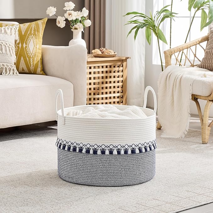 KAKAMAY Large Blanket Basket with Handles, Storage Basket for Living Room | Extra Large Capacity | Natural Cotton Rope | Blanket Storage | Woven Storage Basket | Stuffed Animal Storage | Laundry Basket