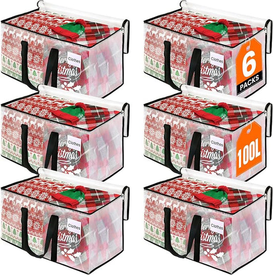 RoomHacks Moving Bags, Heavy Duty Large Storage Bags, 100L, 6 Pack, Clear | Water-Resistant Packing Bags with Reinforced Handles & Dual Zippers, Foldable Storage Totes for Dorm Move & Home Organization