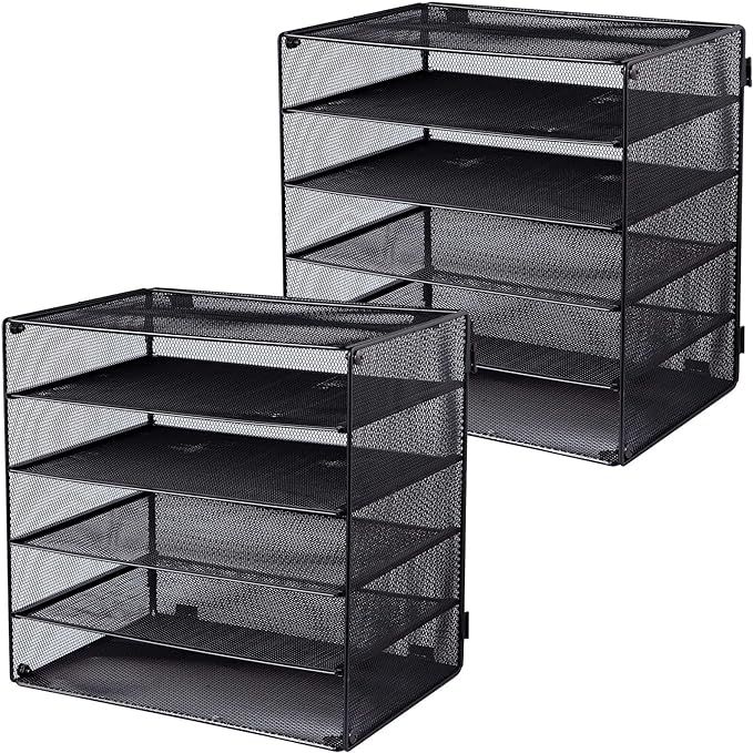 5 Slot Mesh Desk Organizer Tray, File Paper Letter Folder Holder Desktop Paper Sorter Mail Organization Rack Storage Accessories, for Office Home School Classroom, Black, 2 Pack