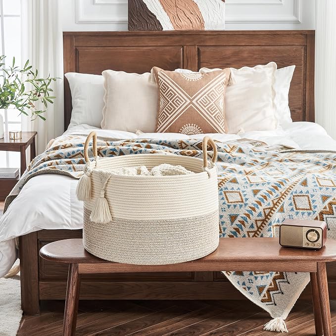 KAKAMAY Large Blanket Basket with Handles, Storage Basket for Living Room | Extra Large Capacity | Natural Cotton Rope | Blanket Storage | Woven Storage Basket | Stuffed Animal Storage | Laundry Basket