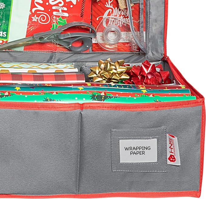 HOLDN’ STORAGE Premium Wrapping Paper Storage Container, Grey/Red Trim | Durable 600D Tear-Proof, Fits 27 Rolls Gift Wrap, Extra Pockets for Ribbons & Bows, Underbed Storage
