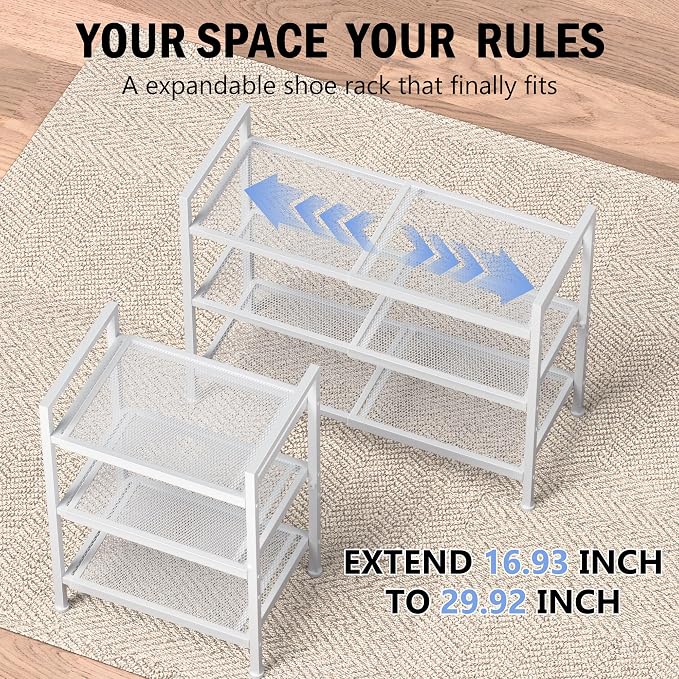 Shoe Rack, Expandable Shoe Rack for Closet, Adjustable Shoe Organizer for Entryway, Shoe Storage Organizer for Door Entrance, Garage, Bedroom (White, 3-Tier)