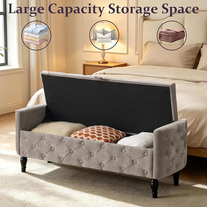 Royal Windsor 48" Ottoman with Storage,Tufted Storage Bench with Safety Hinge,Holds up to 350 lb,Black Wood Legs,Upholstered Bench with Arms for Bedroom,Living Room,Entryway,Linen Light Gray