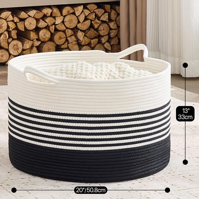 KAKAMAY Large Blanket Basket with Handles, Storage Basket for Living Room | Extra Large Capacity | Natural Cotton Rope | Blanket Storage | Woven Storage Basket | Stuffed Animal Storage | Laundry Basket