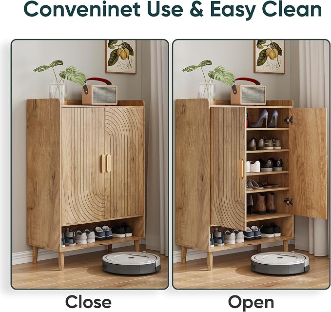 Smuxee Oak Shoe Cabinet with Line Groove Design, 6-Tier Shoe Storage Cabinet with Adjustable Shelves, Freestanding Shoe Organizer Cabinet for Entryway, Hallway, Closet, Living Room