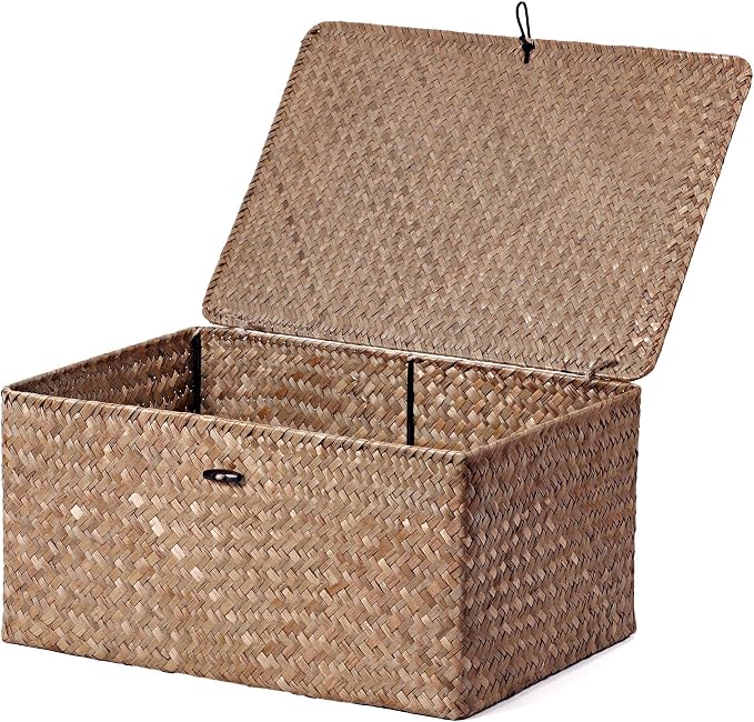 Nonam Seagrass Storage Large Basket with Lid,Wicker Basket Storage Bin with Lid for Shelves,Boho Decor,Handwoven Shelf Basket for Organizing-Storage Container Box for Home Organization-Coffee