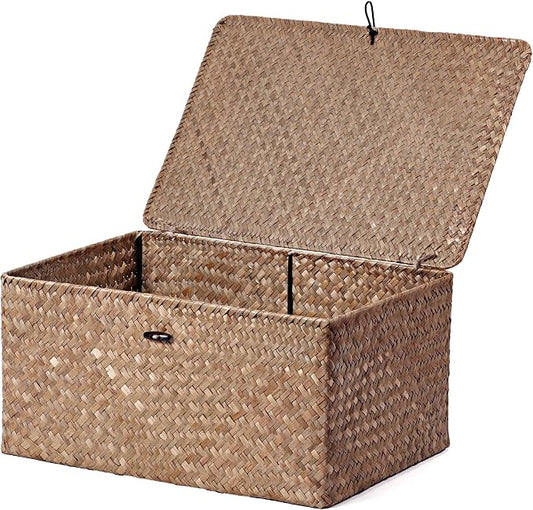 Nonam Seagrass Storage Large Basket with Lid,Wicker Basket Storage Bin with Lid for Shelves,Boho Decor,Handwoven Shelf Basket for Organizing-Storage Container Box for Home Organization-Coffee