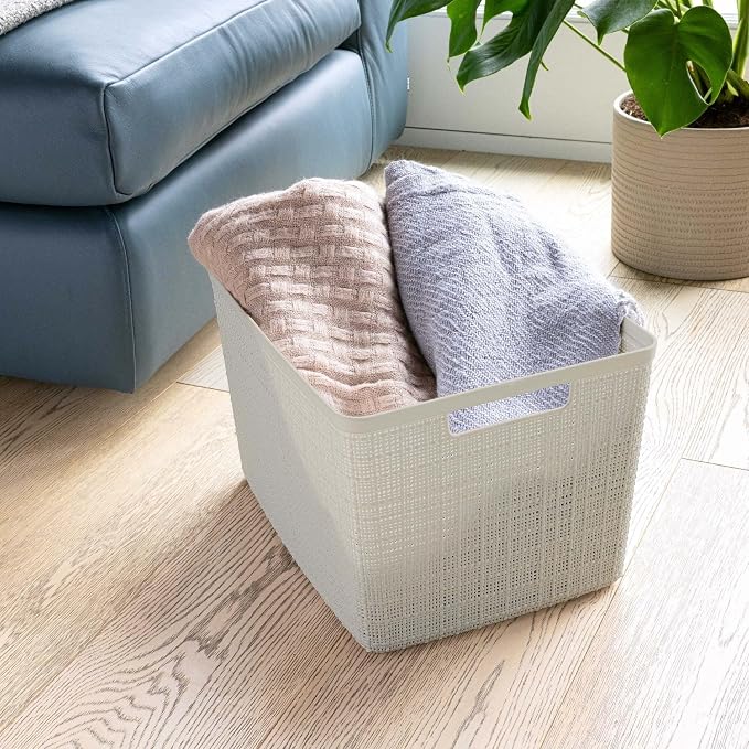 Large Beige Decorative Storage Basket With Woven Jute Look Design, Cutout Handles, 14" X 11" X 9" Organizer For Closet, Bathroom, Kitchen, Office And Home Storage