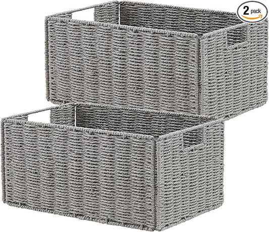 Vagusicc Wicker Storage Basket, Set of 2 Hand-Woven Paper Rope Wicker Basket, Small Storage Baskets for Organizing Toilet Paper, Foldable Large Cube Storage Organizer Bins for Shelves (Grey)