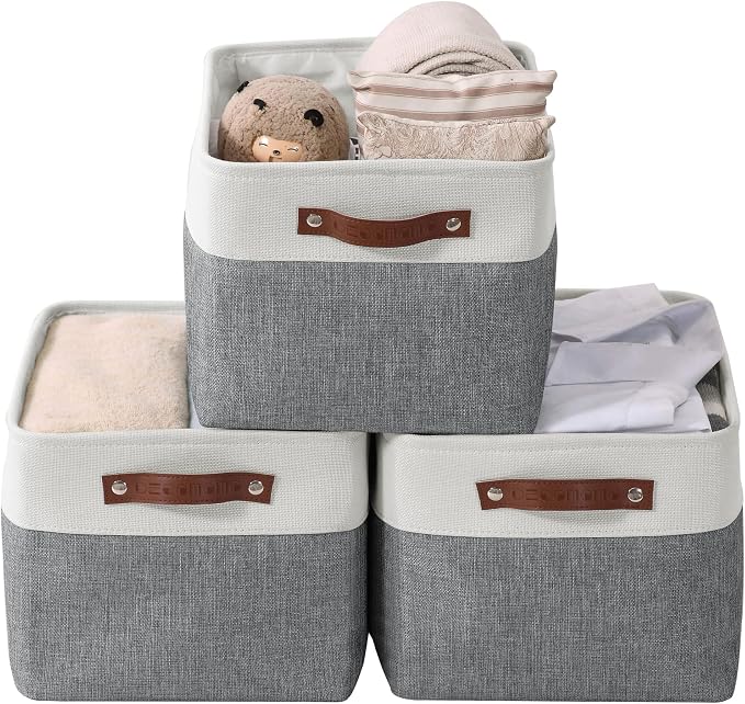 DECOMOMO Storage Bins, Extra Large Fabric Storage Baskets for Shelves 3Pack | 15.8 x 12.5 x 10 inches Decorative Linen Closet Organizers (Slate Grey & White)