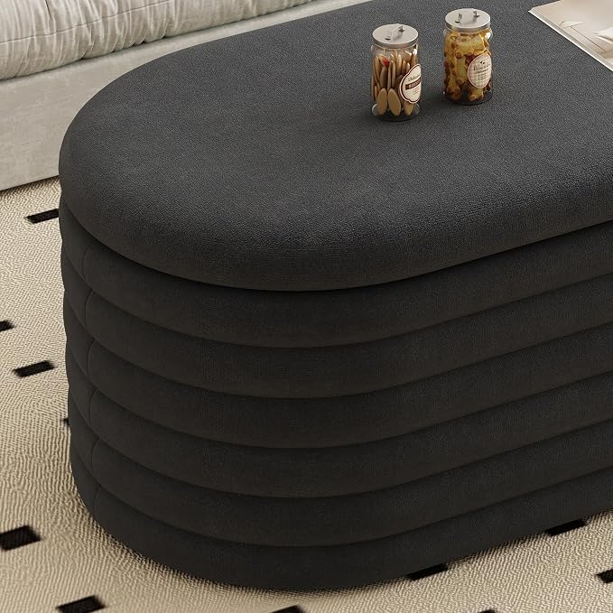 Ball & Cast Storage Ottoman Bench, 40" Chenille Upholstered Storage Bench for Bedroom End of Bed,Oval Ottoman with Storage,Entryway Bench with Safty Hinges for Living Room,Black