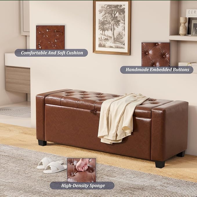 Royal Windsor Ottoman with Storage,Tufted Storage Bench with Safety Hinge,Holds up to 350 lb,Upholstered Bench with Seating for Bedroom, Living Room,Entryway,Leather Brown