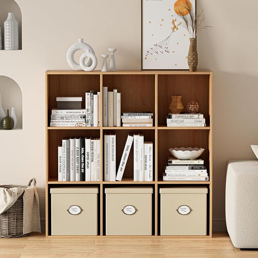 VDNEND Wooden Storage Organizer with Closed Back Panel, 11in Cube Shelf Opening, Bookshelf, Display Shelf,Closet Cabinet for Home and Office (Natural Oak, 9-Cube 35.98L*9.45W*35.91H)
