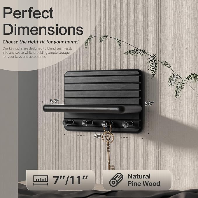 Rebee Vision Key Holder Wall Mount with 4 Key Hooks for Room Decor, Black | Pine Wood, Key Holder for Wall, Mini Floating Shelf, Mail Organizer, Plant Display, Small-Space Storage, Neat Home Essential