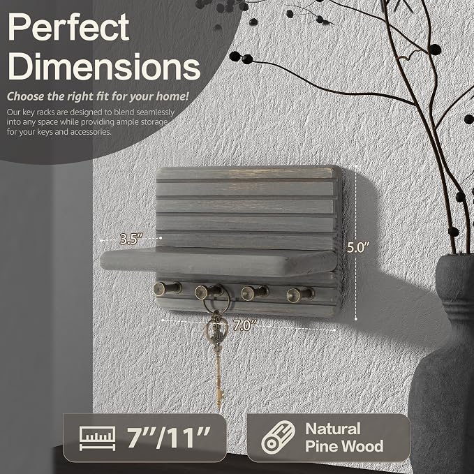 Rebee Vision Key Holder Wall Mount with Shelf for Living Room, Old Gray | Pine Wood, Key Holder for Wall, 4 Key Hooks, Mini Wooden Shelf, Mail Organizer, Rustic Home Decor, Living Room Organizer