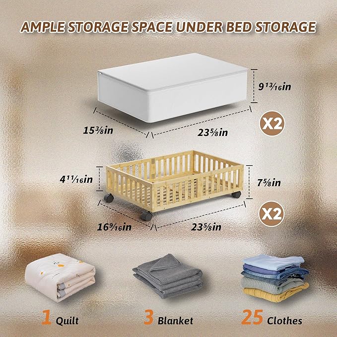 MHXW SXPN 2 Pack Bamboo Under Bed Storage Containers with Wheels, Nature | Underbed Drawer Storage with Bag, Wood Rolling Underbed Organizer for Shoes, Sheets Clothes Blanket Comforter, Under Crib Toy