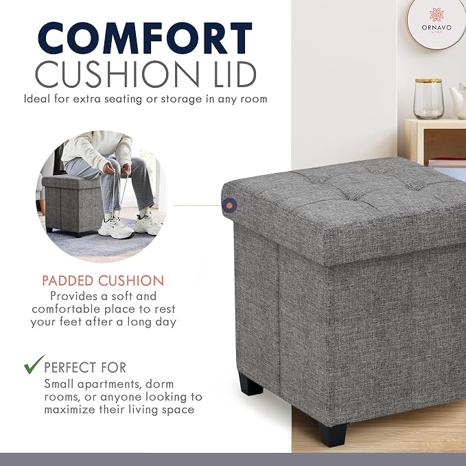 Ornavo Home Square Cube Storage Ottoman with Legs, 15x15x15, Dark Gray | Foot Rest Stool Seat; Holds Up to 600 lbs; Ideal for Living Room, Bedroom, Home Office or Dorm