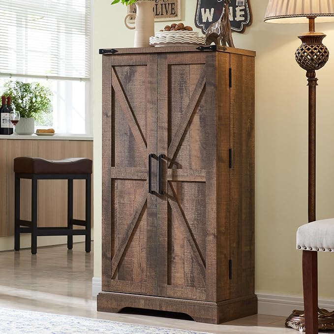 47" Tall Wooden Pantry Storage Cabinet with Door Shelves | Farmhouse, Barn Doors, Adjustable Shelves, Freestanding, Anti-tip Kit, for Kitchen, Dining Room, Living Room