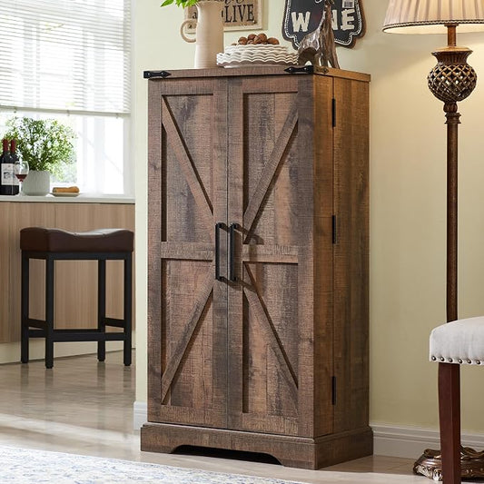 47" Tall Wooden Pantry Storage Cabinet with Door Shelves | Farmhouse, Barn Doors, Adjustable Shelves, Freestanding, Anti-tip Kit, for Kitchen, Dining Room, Living Room